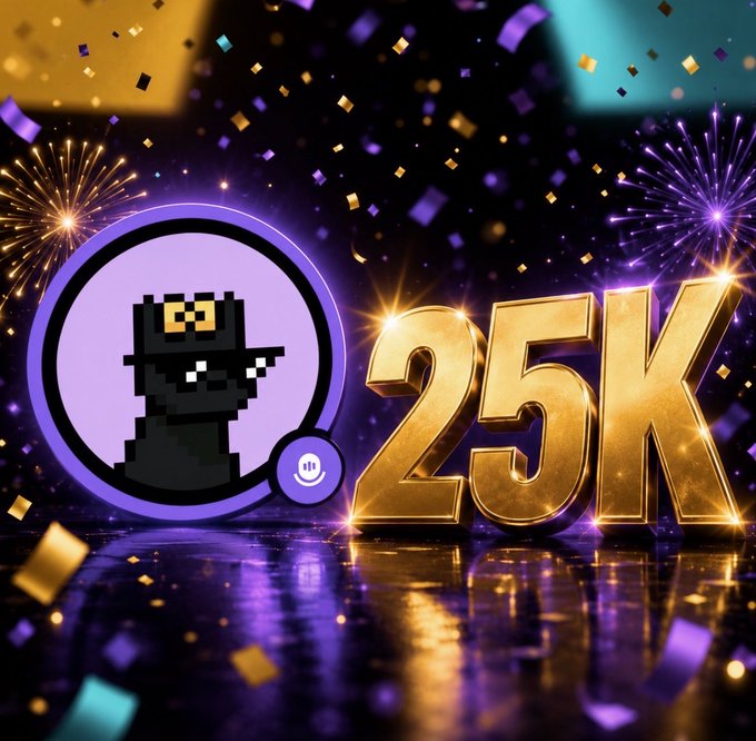 A celebratory 25K follower milestone graphic featuring a pixelated dog character wearing a fedora and pixel sunglasses inside a purple circle, set against a backdrop of golden fireworks, confetti, and glowing "25K" lettering in metallic gold. The image visually represents the post's achievement of reaching 25,000 followers, with the dog mascot reflecting the "doginaldogs" community being credited for the milestone.