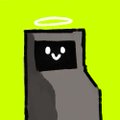 A simple gray cartoon figure with a smiling face and a halo, set against a bright yellow-green background.