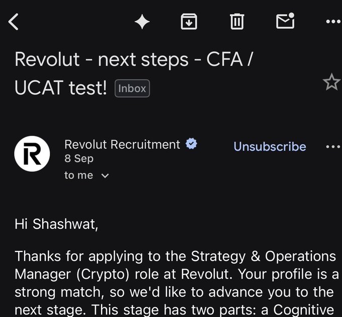 A screenshot of an email from Revolut Recruitment dated 8 Sep, addressed to "Shashwat," notifying him that he's been advanced to the next stage for the Strategy & Operations Manager (Crypto) role, which involves a Cognitive test. The post suggests Shashwat isn't interested in moving forward with Revolut and plans to pursue Growth opportunities elsewhere instead.