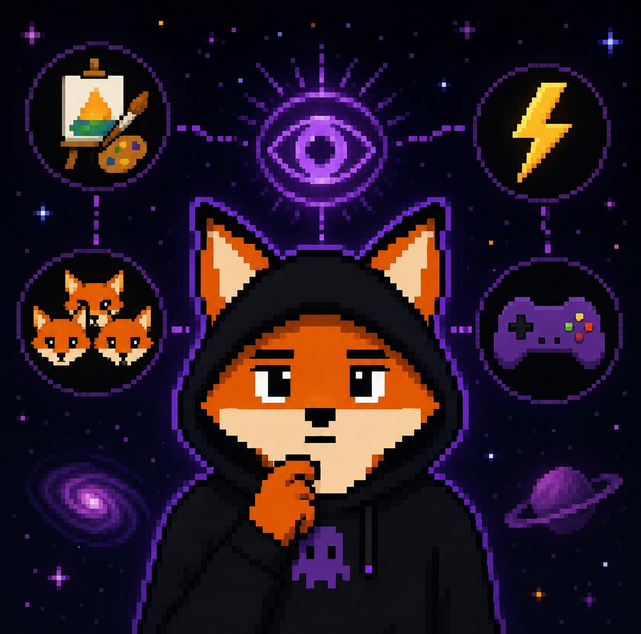 A pixel art illustration shows a fox character in a black hoodie surrounded by icons representing art, electricity, foxes, gaming, and a mystical eye on a purple cosmic background.