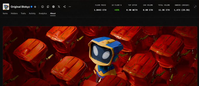 The screenshot shows the "About" page of the Original Blokyz NFT collection, displaying a floor price of 1.0443 ETH (+65%), a top offer of 0.90 WETH, and 1,473 owners (29.5%), with a striking image of a blue robotic character surrounded by menacing red Blokyz figures. The eerie scene of a lone blue Blokyz amid a sea of red adversaries evokes the surreal, anxious tone of a haunting dream.