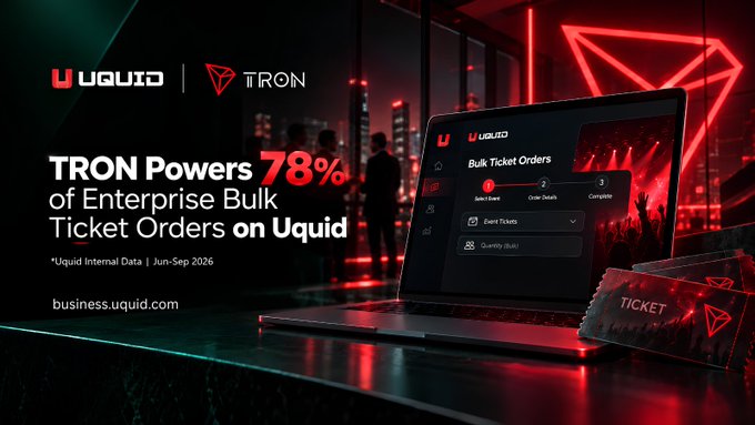 A promotional graphic states "TRON Powers 78% of Enterprise Bulk Ticket Orders on Uquid" with the URL business.uquid.com.
