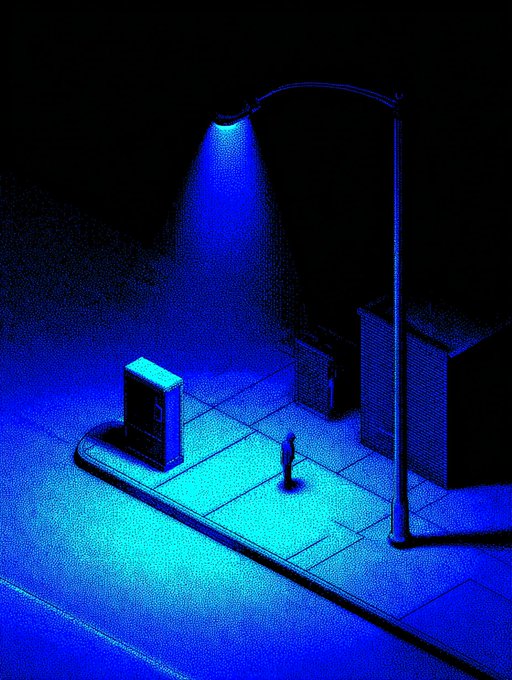 A moody, grainy digital illustration of a lone figure standing under a glowing blue streetlight on a dark urban sidewalk.