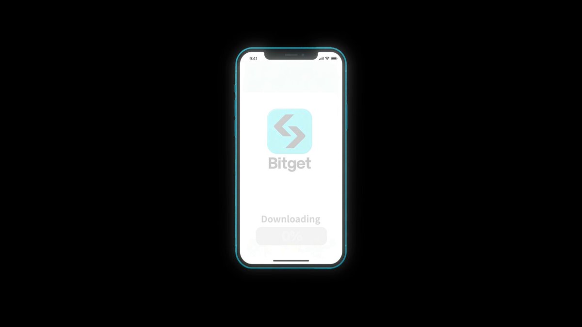 The image shows a smartphone screen displaying an app called "Bitget" with the word "Downloading" written below it. The phone appears to be turned off, as there are no visible buttons or icons on the screen. The background of the image is black, which contrasts with the white and blue colors of the app's interface.