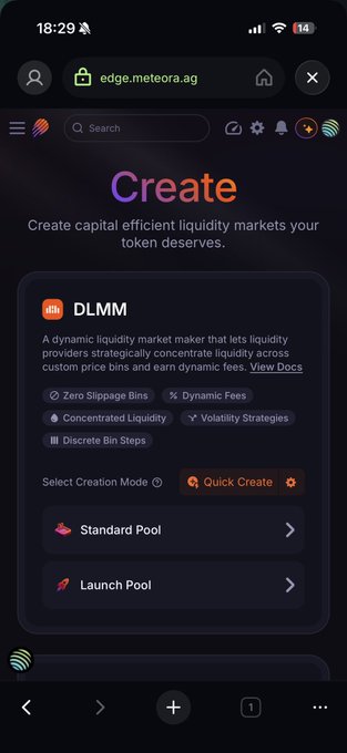 A mobile screenshot of the meteora.ag website showing a 'Create' page for DLMM (Dynamic Liquidity Market Maker) with options for Standard Pool and Launch Pool.