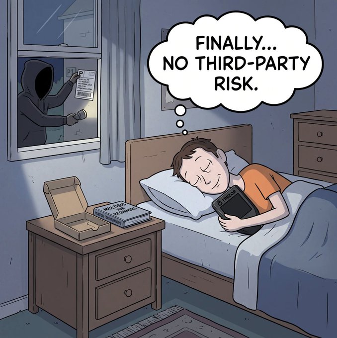 A man sleeps peacefully in bed clutching a Trezor hardware wallet, dreaming "FINALLY... NO THIRD-PARTY RISK," while a hooded burglar outside his window steals a package containing his home address, perfectly illustrating the post's irony that securing his crypto from online threats didn't protect him from real-world physical vulnerabilities.