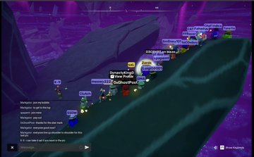 Screenshot from a multiplayer online game showing numerous player characters gathered in a purple-lit area, with a chat window visible.
