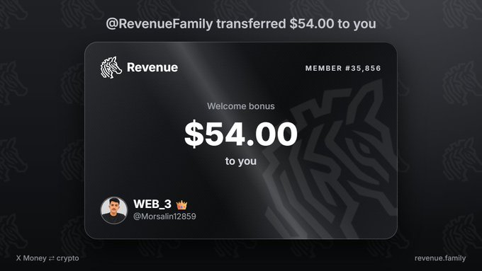 A promotional post confirming that @RevenueFamily transferred a "Welcome bonus" of $54.00 to user @Morsalnt2859 (Member #35,856), visually reinforcing the community's anticipation and hope that the platform fulfills its promised payment day for hardworking members.