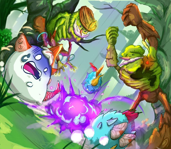A vibrant fantasy illustration shows various whimsical creatures, including a green frog-like warrior wielding a wooden club, gathered around a purple magical explosion.