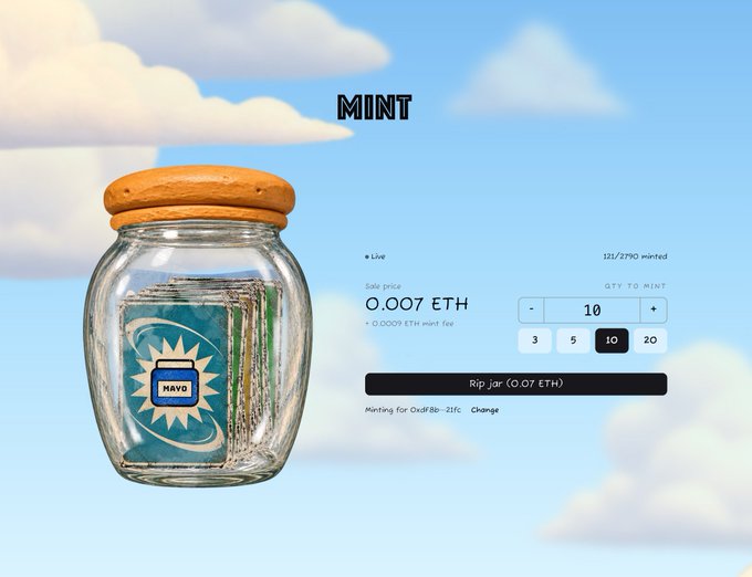 An NFT minting page showing a glass jar containing MAYO-branded trading cards against a cloudy sky background, with sale price 0.007 ETH and 'Rip Jar' button visible.