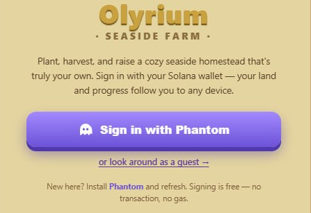 The image shows the sign-in screen for "Olyrium Seaside Farm," a Solana-based game where users can sign in with Phantom wallet to plant, harvest, and raise a seaside homestead. A purple "Sign in with Phantom" button is prominently displayed, along with a new "or look around as a guest" option — reflecting the post's announcement of added guest mode for $oly.