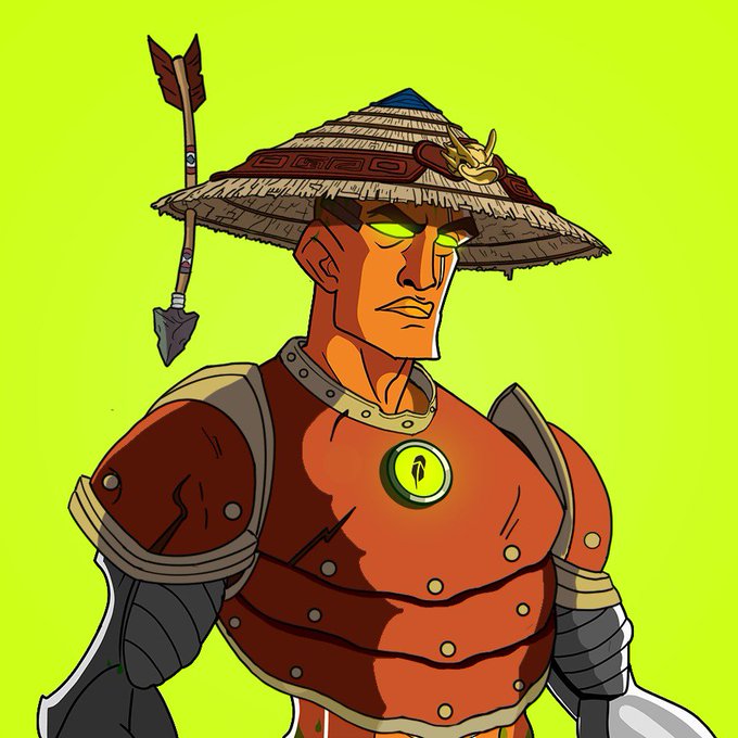 Stylized cartoon illustration of a warrior character wearing a wide straw hat and orange/red samurai armor with a glowing yellow eye and a question mark symbol on the chest, set against a bright green background.