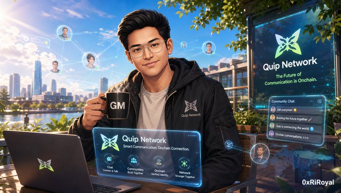 A promotional graphic for "Quip Network" featuring a young man in a hoodie holding a "GM" mug, with holographic social network icons and the tagline "The Future of Communication is Onchain."