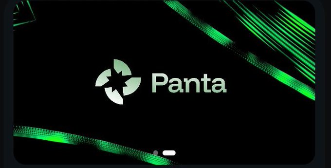 A logo graphic featuring a white star-like symbol and the word "Panta" against a dark background with flowing green digital ribbons.