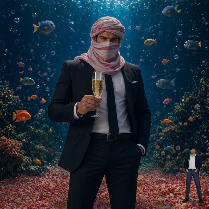 A suited figure wearing a keffiyeh-style face wrap holds a champagne glass underwater amid colorful fish and a bed of petals, while a small person stands to the side — visually framing the post's pitch by Zahr as a raid lead, KOL manager, and promo services provider offering a "cast array" to clients.