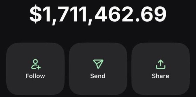 A digital wallet or payment app screenshot displays a balance of $1,711,462.69 in bold white text on a black background, with three buttons below labeled "Follow," "Send" (with a paper airplane icon), and "Share." The image serves as social proof for a cryptocurrency promotion on X (formerly Twitter), where the user claims meme coins transformed their life and is soliciting SOL wallet addresses from followers for a promised 1000x alpha opportunity.