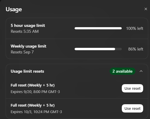Usage dashboard showing a 5-hour usage limit at 100% left (resets 5:35 AM) and a weekly usage limit at 86% left (resets Sep 7), with 2 available full reset options expiring on 9/20 and 10/3.