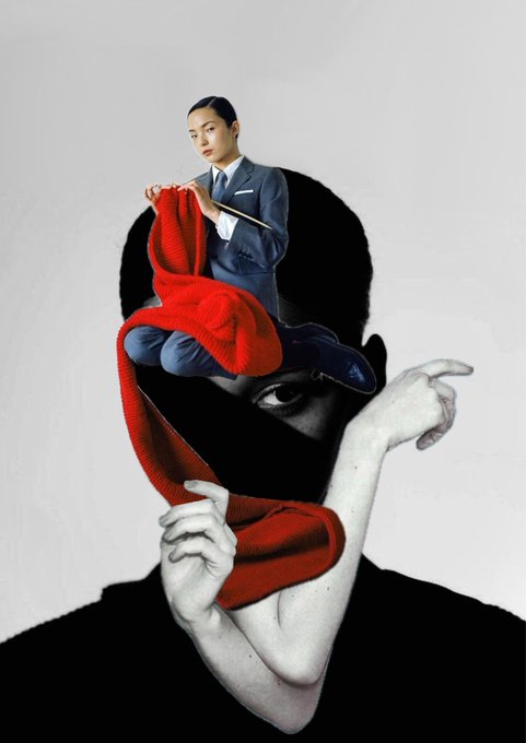 A surreal collage showing a large black-and-white face in the background with a small cutout of a person in a suit sitting on top, holding a red fabric.