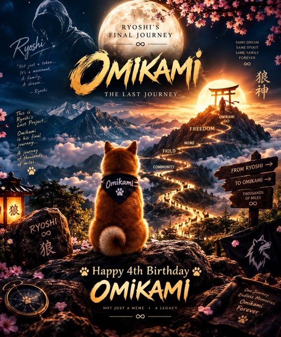 An illustrated promotional poster for 'OMIKAMI - THE LAST JOURNEY' features a Shiba Inu with a bandana gazing at a moonlit mountain path, celebrating its 4th birthday with 'Happy 4th Birthday OMIKAMI'.