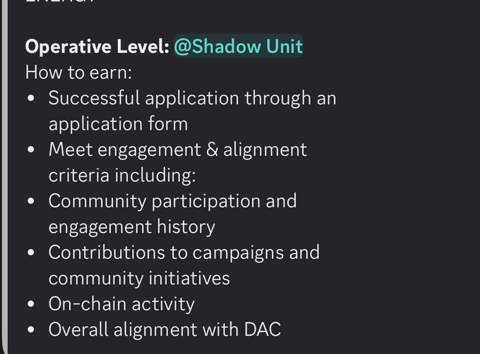 A screenshot detailing the "Operative Level: @Shadow Unit" tier and listing requirements for earning it, such as application through a form, engagement criteria, and community participation.