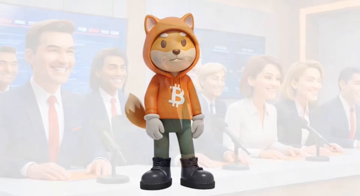 The image features a cartoon dog wearing an orange hoodie with the word "bitcoin" written on it, standing next to a group of people dressed in suits. The background shows a room filled with people sitting at desks, suggesting that they are attending a meeting or event related to Bitcoin and cryptocurrency. The caption reads: "Day 254 @CoinbaseMarkets Early days #Bitcoin was laughed at Culture is being laughed at today $DOG will stop their laughter".