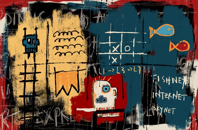 A painting in the style of Jean-Michel Basquiat featuring crude figures, a tic-tac-toe grid, fish, and text including 'FISHNET', 'INTERNET', and 'LOBBY NET' on a background of red, yellow, and teal blocks.