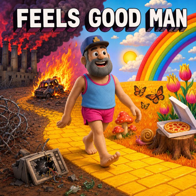 A stylized 'FEELS GOOD MAN' meme depicting a joyful cartoon man walking on a yellow brick road between a fiery industrial wasteland and a vibrant rainbow paradise.