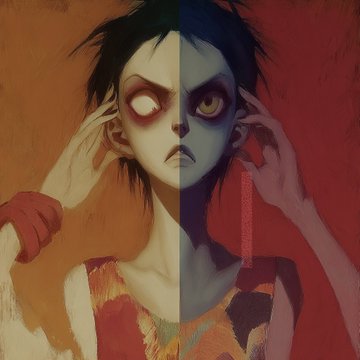 A stylized digital painting of a pale-skinned figure with a split warm/cool color scheme, dark hair, and large yellow eyes touching their face.