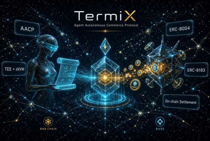 A promotional graphic for "TermiX Agent Autonomous Commerce Protocol" featuring a humanoid figure, a glowing cube, and references to AACP, TEE + zkVM, ERC-8004, ERC-8183, On-chain Settlement, BNB CHAIN, and BASE.