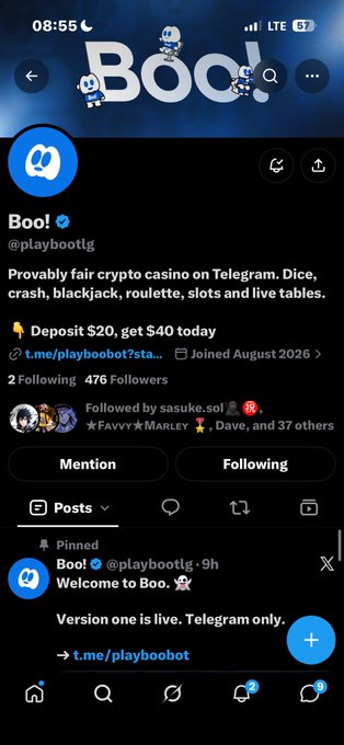 A screenshot of an X (Twitter) profile for 'Boo! @playboootg' describing it as a 'Provably fair crypto casino on Telegram' with a link to t.me/playboobot.