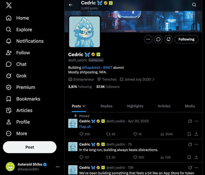 X (Twitter) profile page for user 'Cedric' (@eth_cedric), bio reads 'Building @flapdot.sh · @MIT alumni · Mostly shitposting. NFA.' with 37.5K followers.