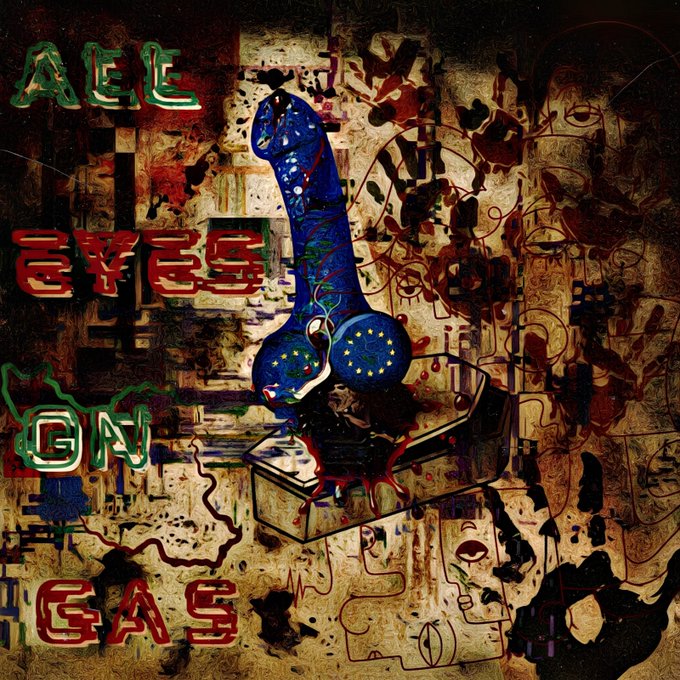 A textured, mixed-media style artwork features a blue, decorated phallic shape on a brown background with red paint splatters, accompanied by the text 'ALL EYE ON GAS' in green and red neon-style lettering.