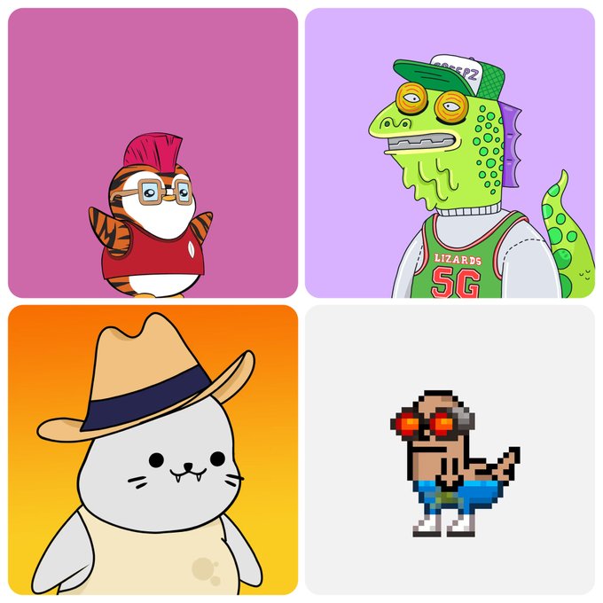 Four cartoon mascots are displayed in a grid: a fish in a red cap and shirt (top left), a green lizard wearing a "Degen" hat and "LIZARDS SG" jersey (top right), a white cat with a fedora and fangs (bottom left), and a pixelated character with red sunglasses (bottom right). The post invites followers to choose which community's mascot/token they should join as a holder.