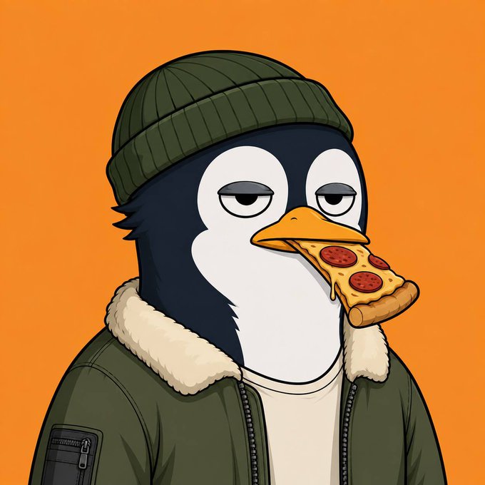 A cartoon illustration depicts a tired-looking penguin wearing a green beanie and a shearling-collared jacket, holding a slice of pepperoni pizza in its beak against an orange background.
