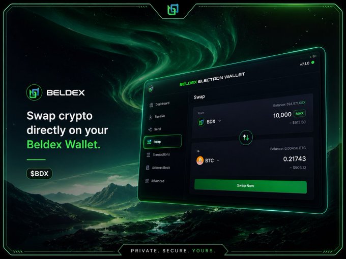 A promotional image for 'BELDEX' featuring a digital wallet interface for swapping crypto directly, showing a swap of 10,000 BDX to 0.21743 BTC with the tagline 'Private. Secure. Yours.'