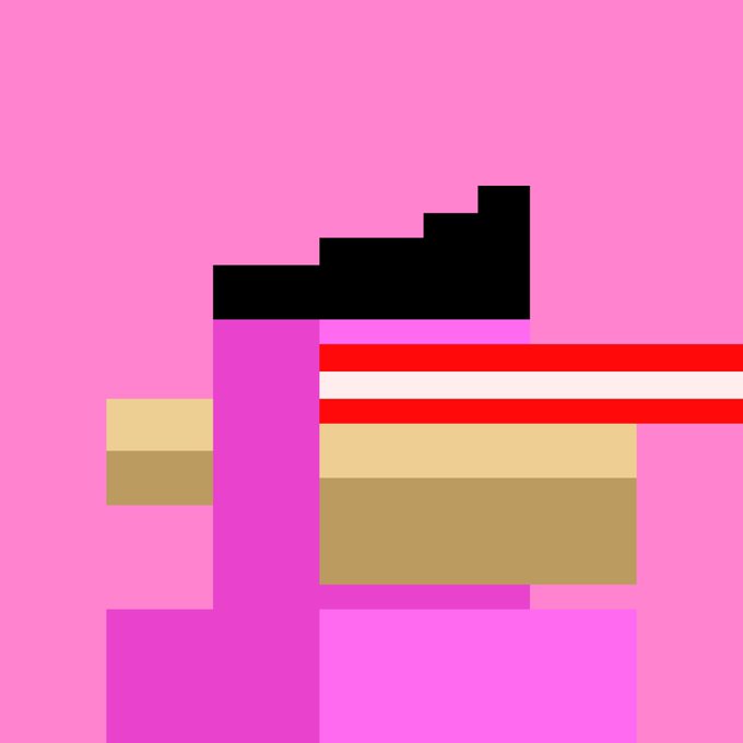 A pixel art image on a pink background depicting a stylized burger or sandwich with a black bite taken out of the top.