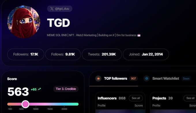 A Twitter/X profile card for user @tgd_duu (TGD) showing 17.1K followers, 9.81K following, 201.39K tweets, joined Jan 22, 2014, with a Score of 563 (Tier 3: Credible) and categories including MEME SOL BNB, NFT, and Web3 Marketing.