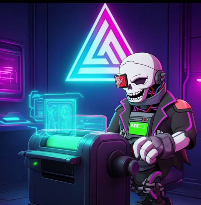 A stylized digital artwork shows a cybernetic skeleton character wearing sunglasses and a purple-accented jacket, interacting with a holographic interface and futuristic equipment in a neon-lit sci-fi setting.