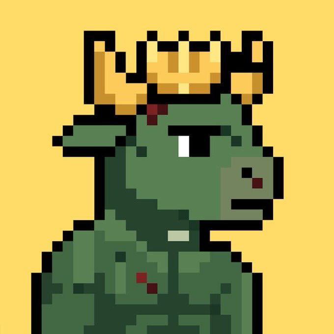 A pixel-art green cow wearing a gold crown, fitting the "BEEF" branding in the giveaway. The crown-wearing cow reflects the playful, cartoonish theme of the upcoming NFT mint on Hedera ($HBAR).