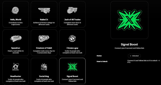 An achievements page with various badges including 'Hello, World', 'Nailed It', 'Speedrun', 'Creature of Habit', 'Headhunter', and 'Social king', with the 'Signal Boost' achievement highlighted on the right showing unlocked status.