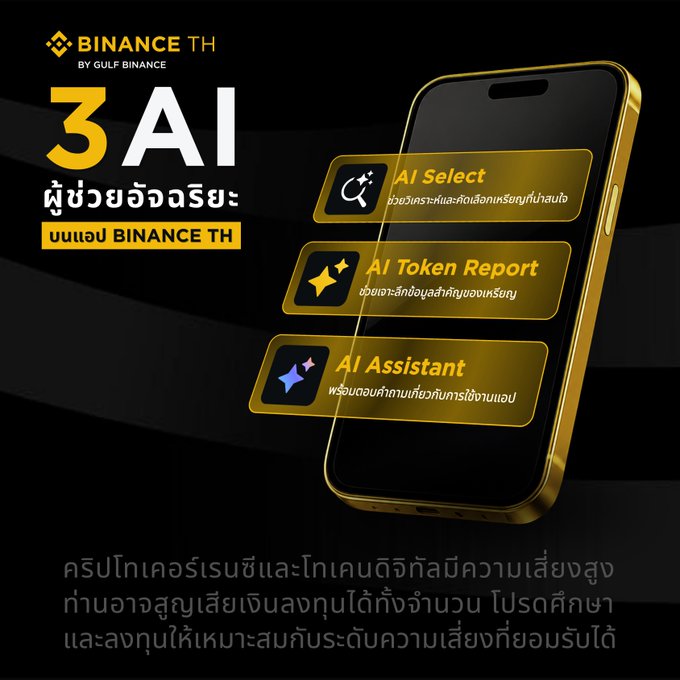 An advertisement for 'BINANCE TH' (by Gulf Binance) showcasing '3 AI' features on a gold smartphone: 'AI Select', 'AI Token Report', and 'AI Assistant', with Thai text explaining the benefits.