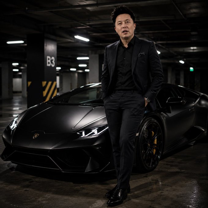 A man in a dark suit poses confidently in front of a matte black Lamborghini in an underground parking garage.