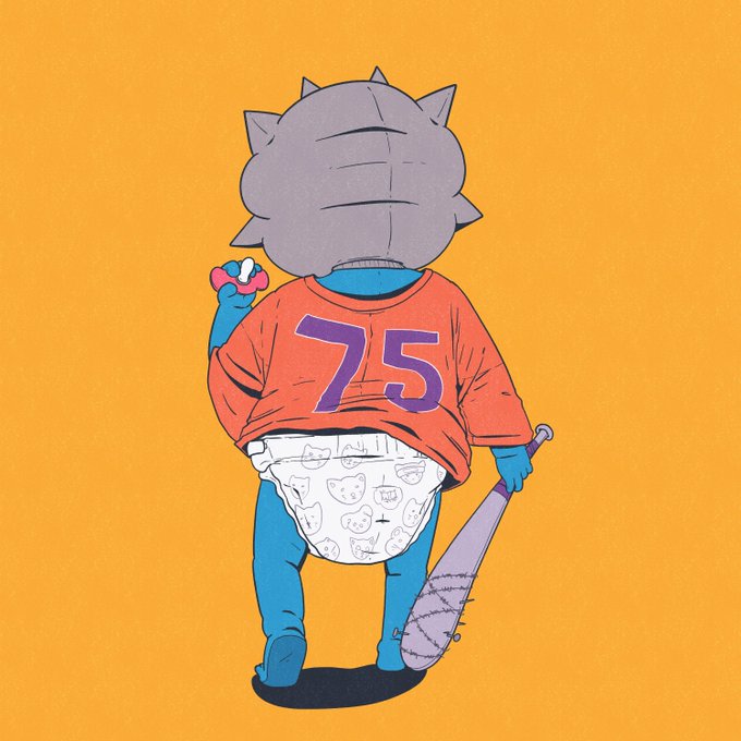 An illustration of a blue-skinned character from behind, wearing an orange jersey with '75', a diaper with cat patterns, holding a baseball bat and a pacifier.