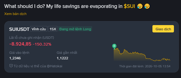 Trading app screenshot showing a SUIUSDT position with -150.32% unrealized P&L and -8,924.85 loss, asking 'What should I do? My life savings are evaporating in $SUI'.