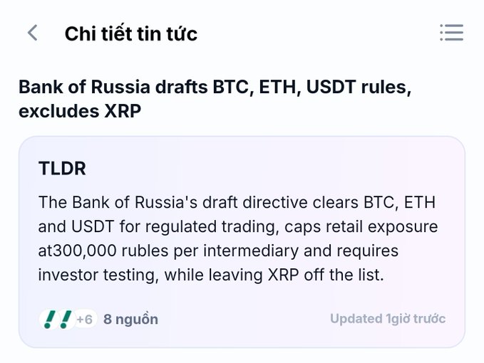 A news article screenshot in Vietnamese titled 'Chi tiết tin tức' with headline 'Bank of Russia drafts BTC, ETH, USDT rules, excludes XRP' and a TLDR explaining the Bank of Russia's draft directive for regulated crypto trading.