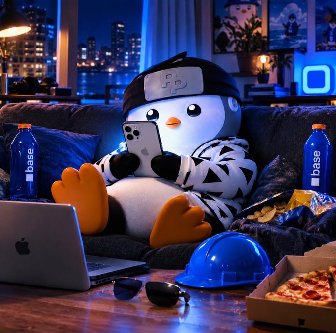 A cute penguin plushie wearing a black beanie and patterned hoodie lounges on a couch using a smartphone, surrounded by a MacBook, pizza, snacks, and 'base' branded water bottles in a city apartment.