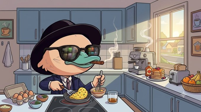 A cartoon illustration of a duck-like character wearing a black fedora and sunglasses, smoking a cigar while cooking a yellow dish on a stove in a sunny kitchen.