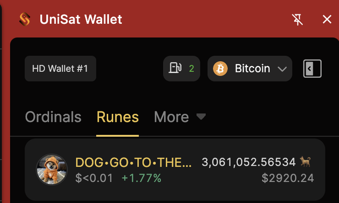 The image shows a UniSat Wallet displaying 3,061,052.56534 DOG·GO·TO·THE· tokens valued at $2920.24 in the Runes tab, with a 1.77% gain. The screenshot supports the poster's message of holding strong with the DOG army through the bear market, showing their substantial remaining position.