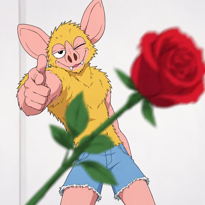 An anthropomorphic cartoon bat character wearing only denim shorts gives a thumbs-up with one hand and holds out a large red rose with the other, smiling with one eye winking.