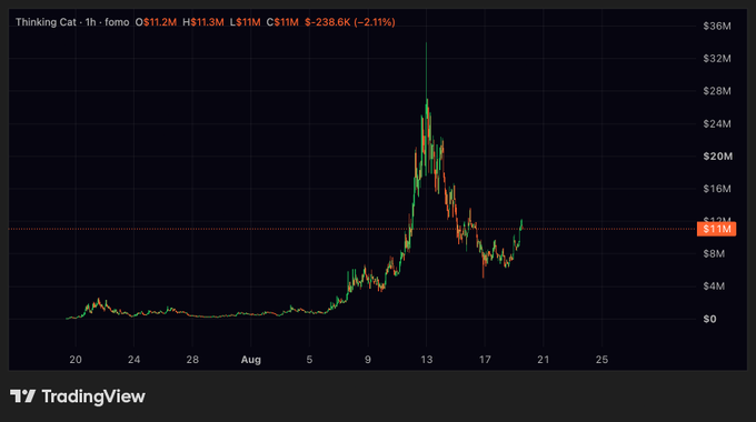 A TradingView chart for Thinking Cat (1h timeframe) on Fomo shows a dramatic price spike peaking around $32M on August 13 before pulling back to $11M, currently down 2.11% at -$238.6K—illustrating the volatile pump-and-fade pattern that the poster is asking about with "$HMM is it starting?"